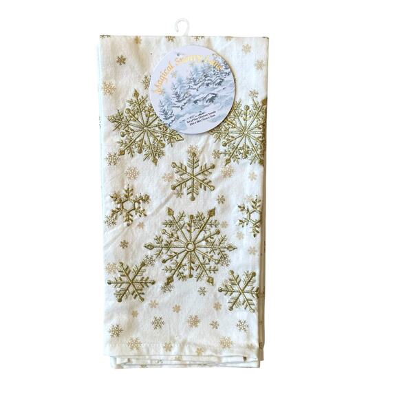 Christmas Snowflake Kitchen Towels 20x28 Embroidered White & Gold Set of 2 NEW - Picture 2 of 6